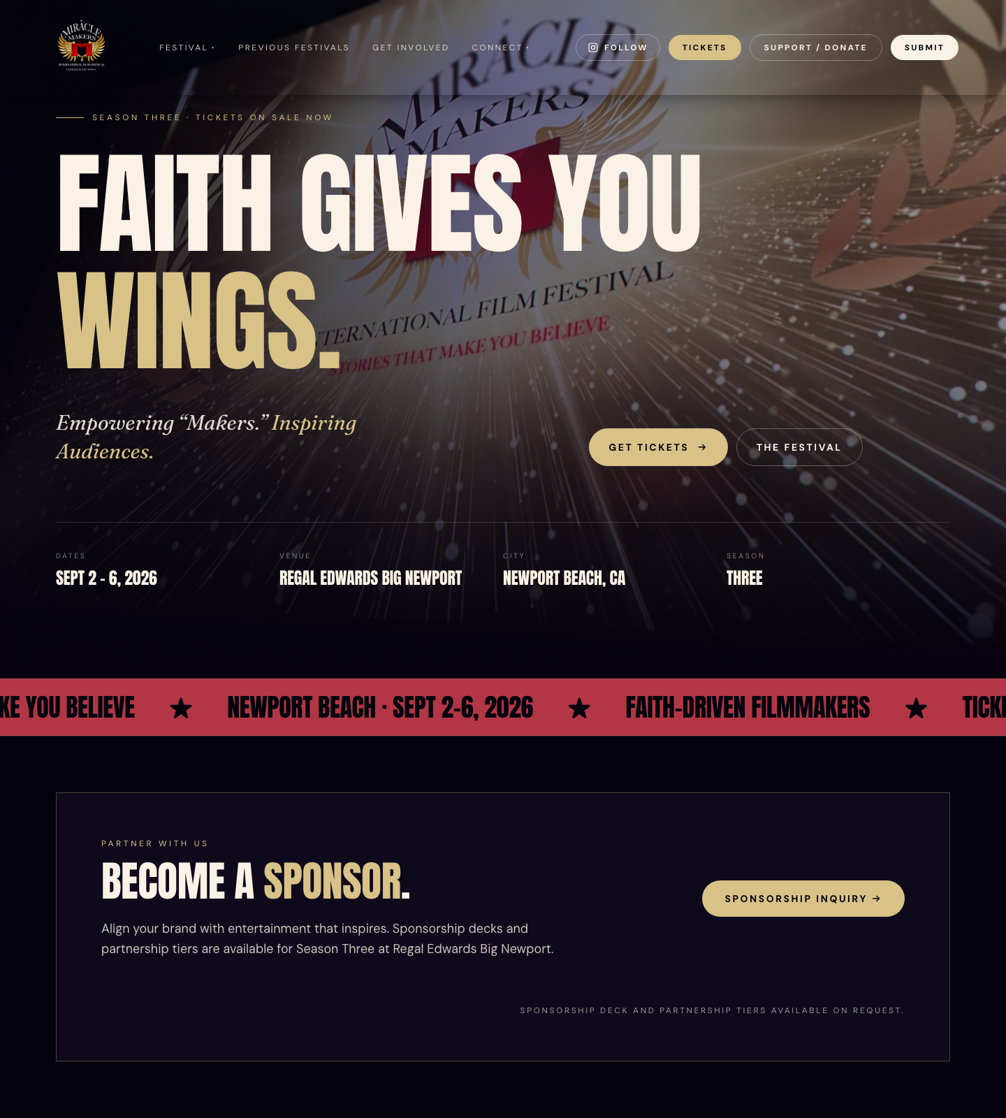 Film festival website built by Launch Creative, showing the festival's public homepage.