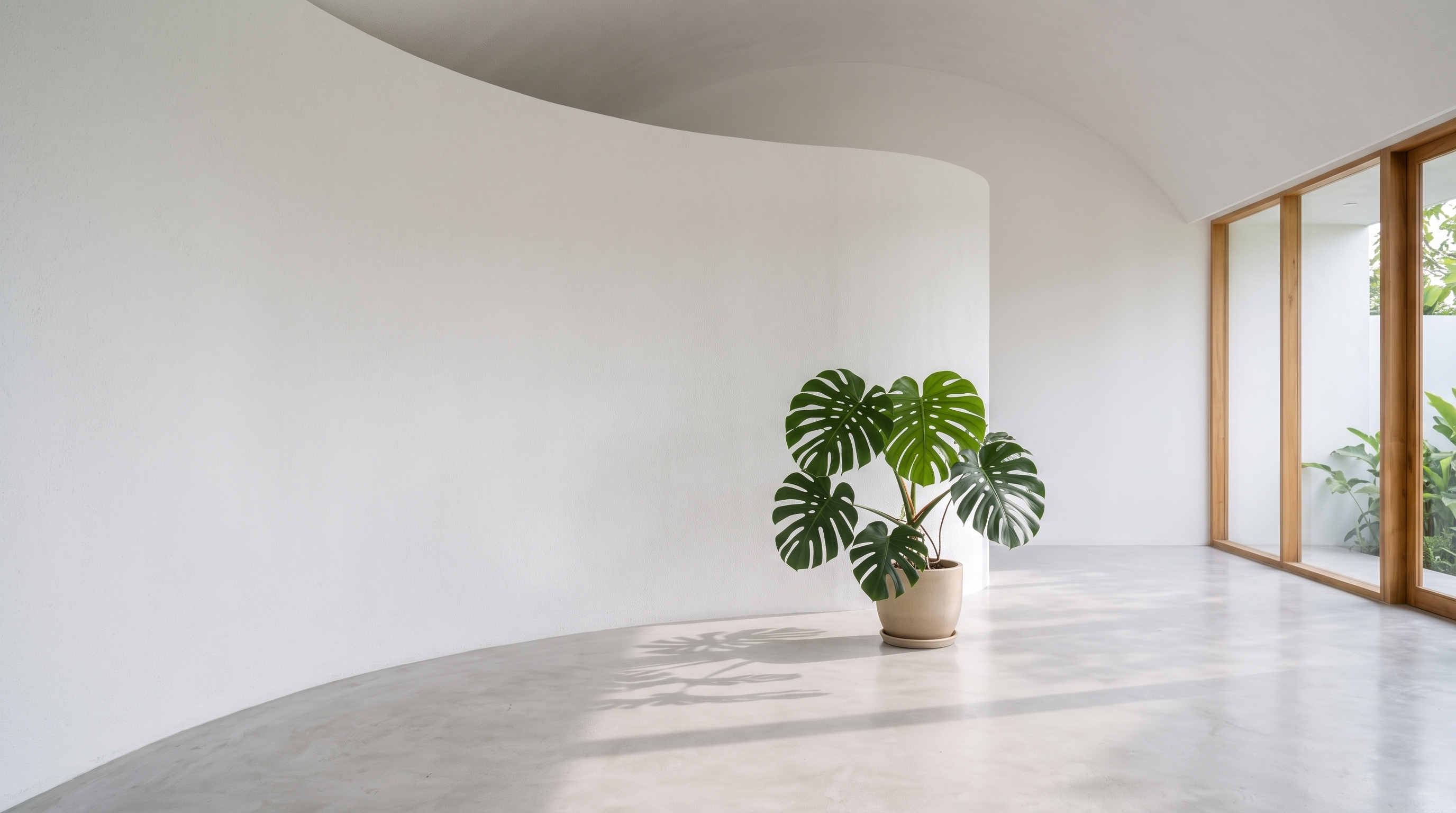 A monstera leaf catching daylight against a white plaster wall in the Launch Creative studio.